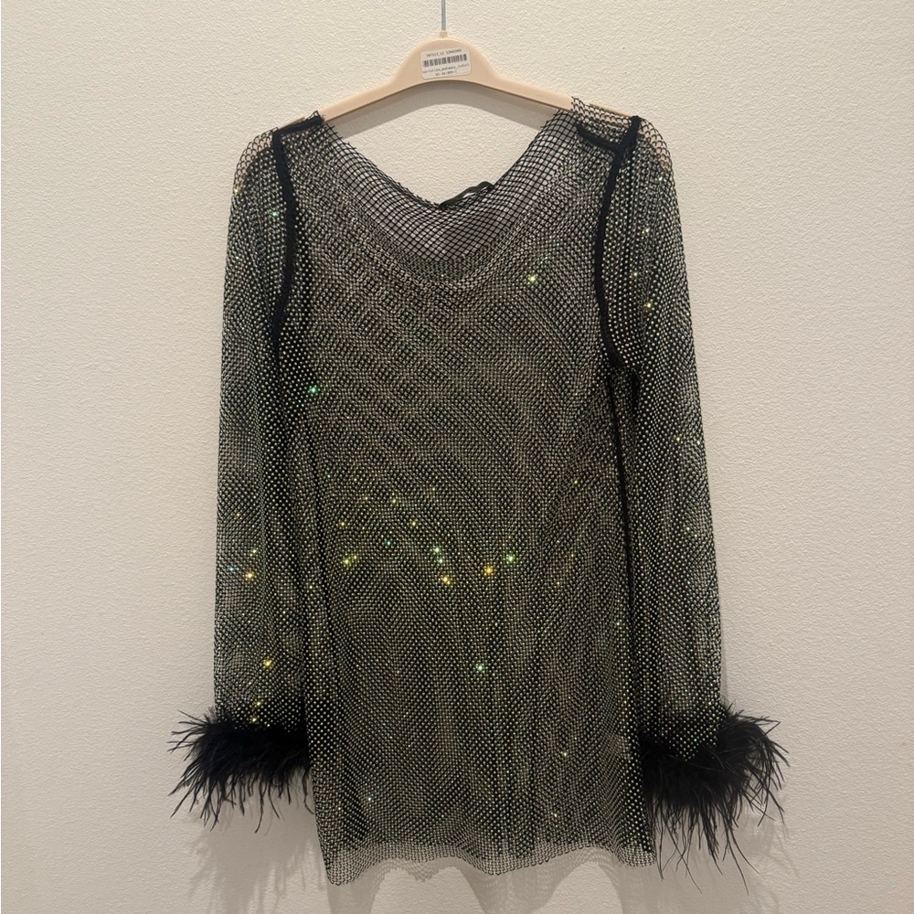 Black Mesh Dress with Feather Cuffs